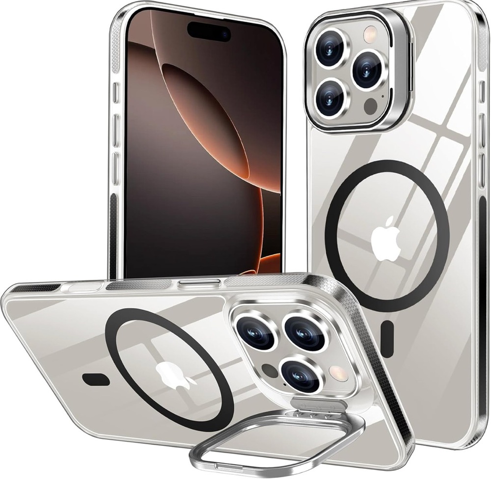 MOZOTER for iPhone 16 Pro Max Case Crystal Clear,6.9Inch Built-in Stash Stand